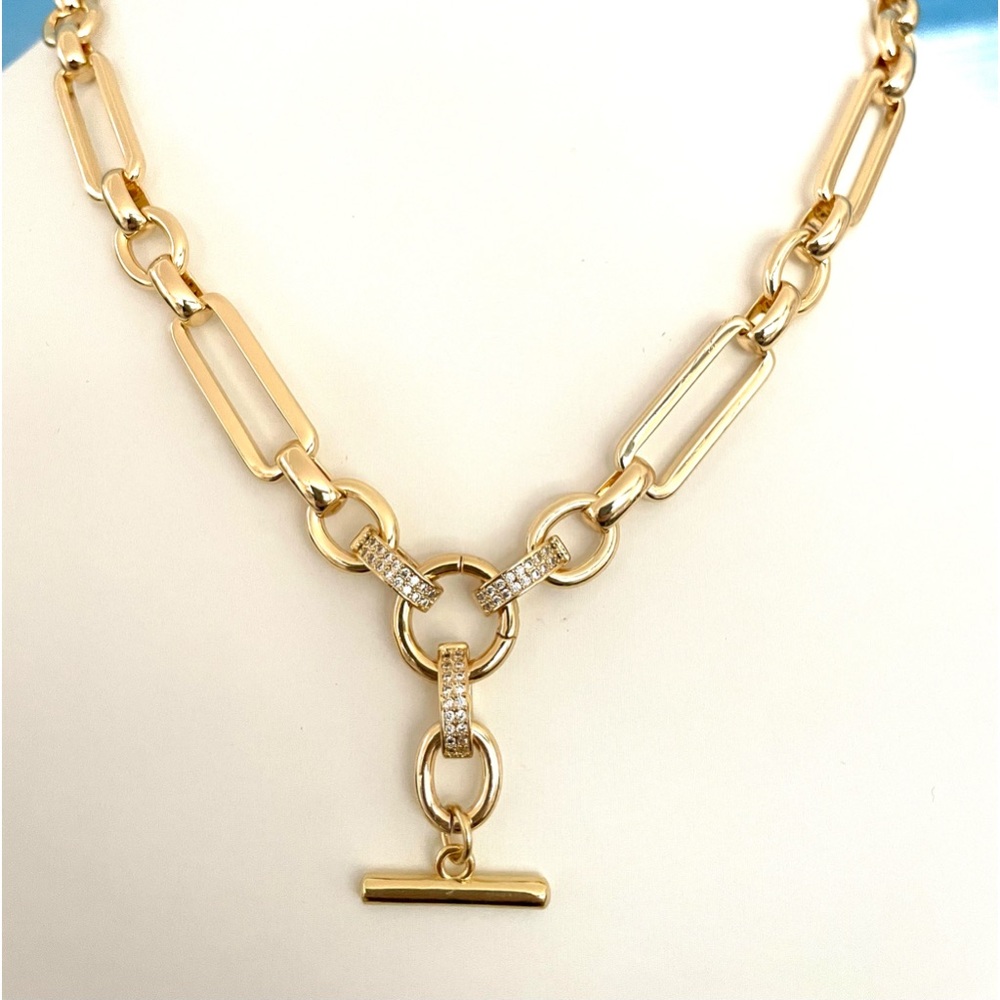 Chunky 18k Gold Fill Mixed Paperclip Chain Necklace Status T Bar Circle Toggle - Picture 2 of 6